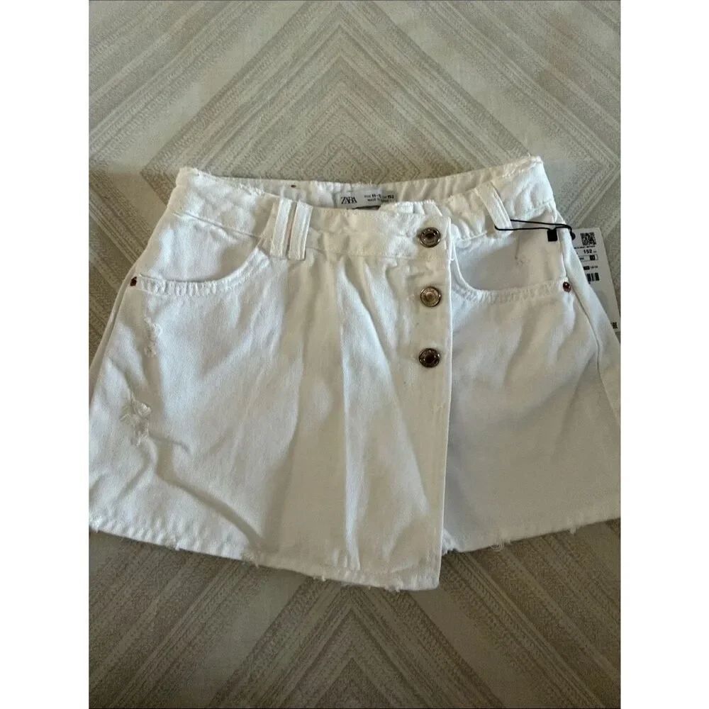 Zara White Asymmetric Button Denim Skort NWT Girls Size 11-12 Adjustable Waist